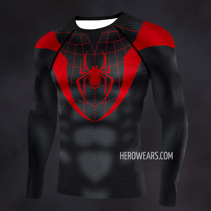 Clothes Length 74CM Men’s Superhero Compression Sweatshirt Miles Morales Long Sleeve Gym Quick Dry Thermal Base Layer Sports Running Workout Fitness Undershirt,Black-2XL