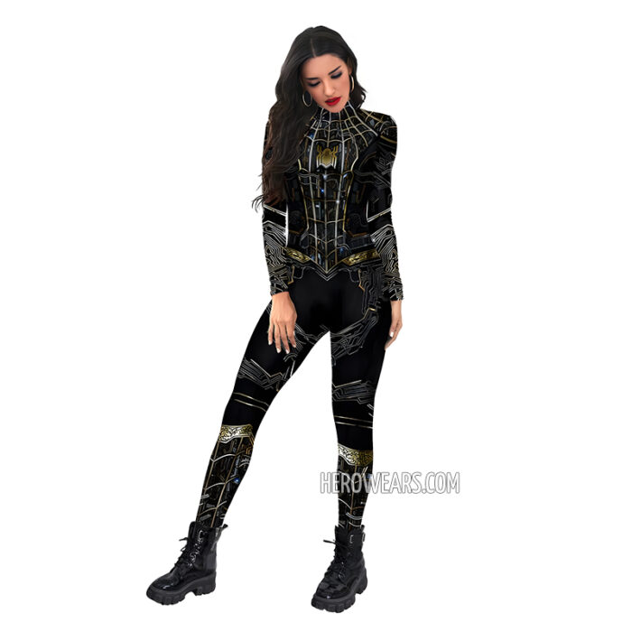 Women's Spiderman Black Gold Costume Body Suit